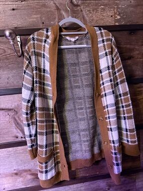 No Boundaries Brown and White Plaid Open-Front Cardigan